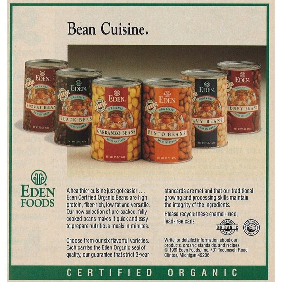 Eden Foods Certified Organic Beans Vintage 1991 Print Ad Clinton Michigan u - Picture 1 of 3